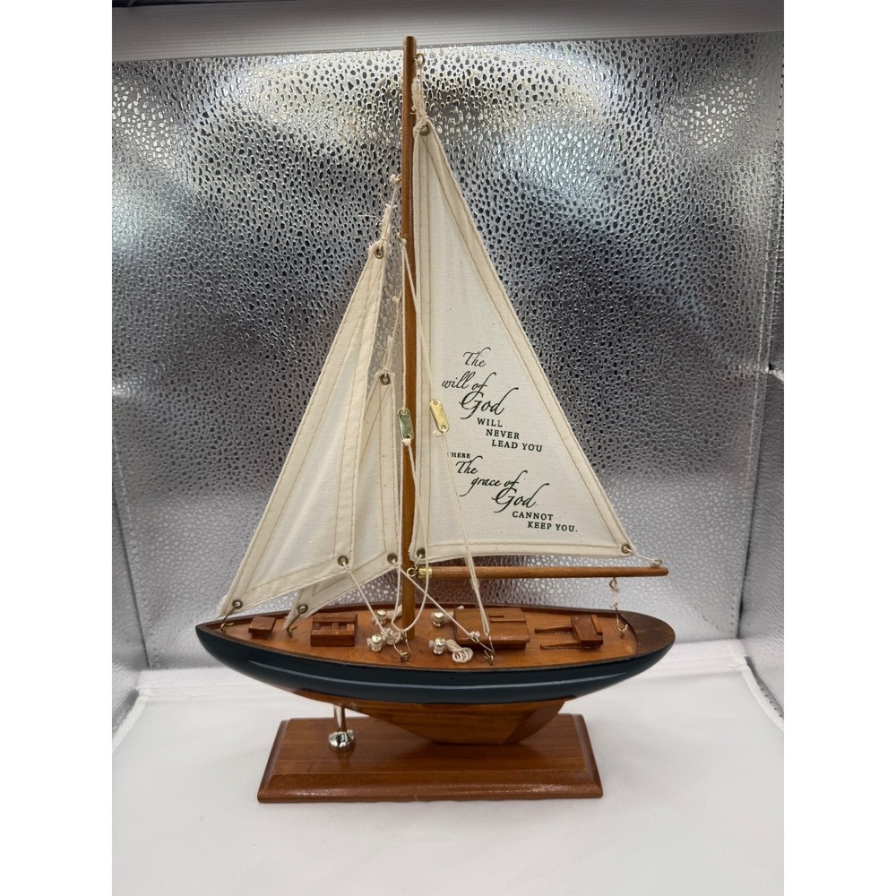 Vintage Wooden‎ Sailboat Model Boat w/ Inscription Nautical Decor 10" by 14"